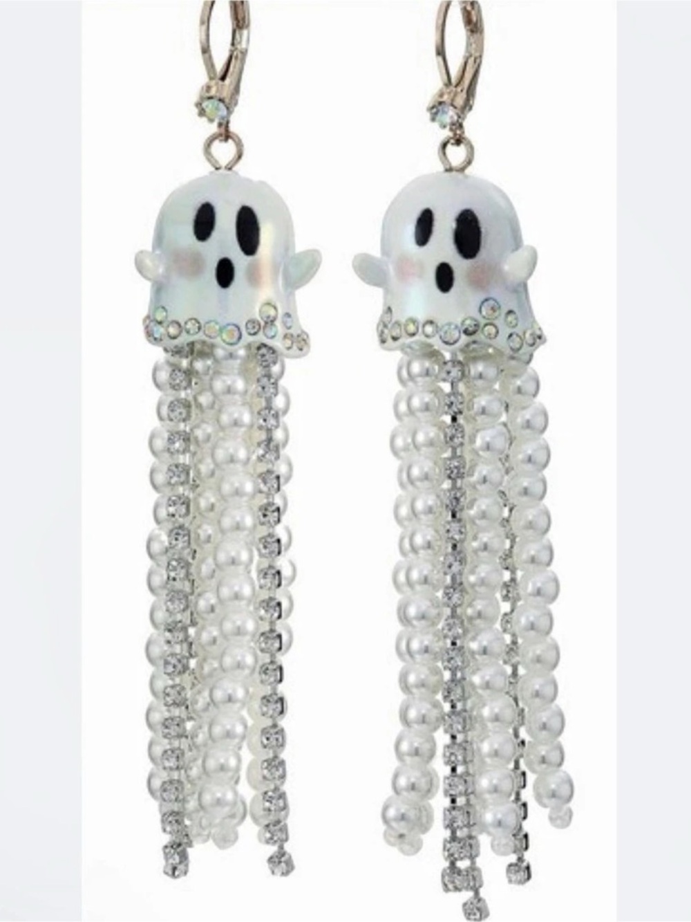 Betsey Johnson Ghost Beaded Dangle Earrings White & Silver Like New